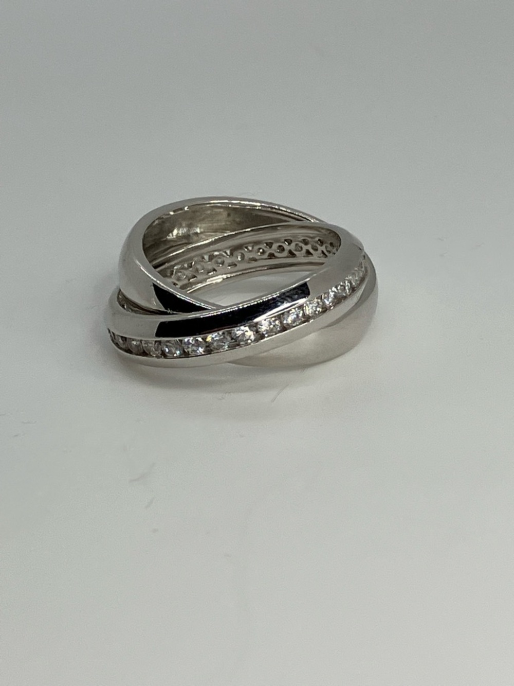 Vtg 925 Sterling Silver Channel Set Cz & Plain Band Connected Criss Cross Ring